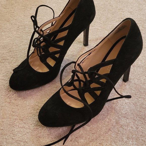 Nine West- Black Suede Lace-Up Heels - Picture 1 of 4